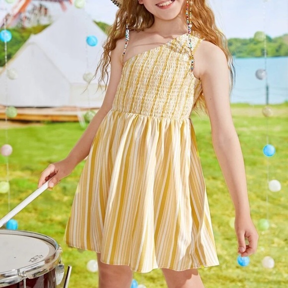 SHEIN Girls Yellow & White Striped Shirred One Shoulder Dress 11-12 Years - Picture 11 of 11